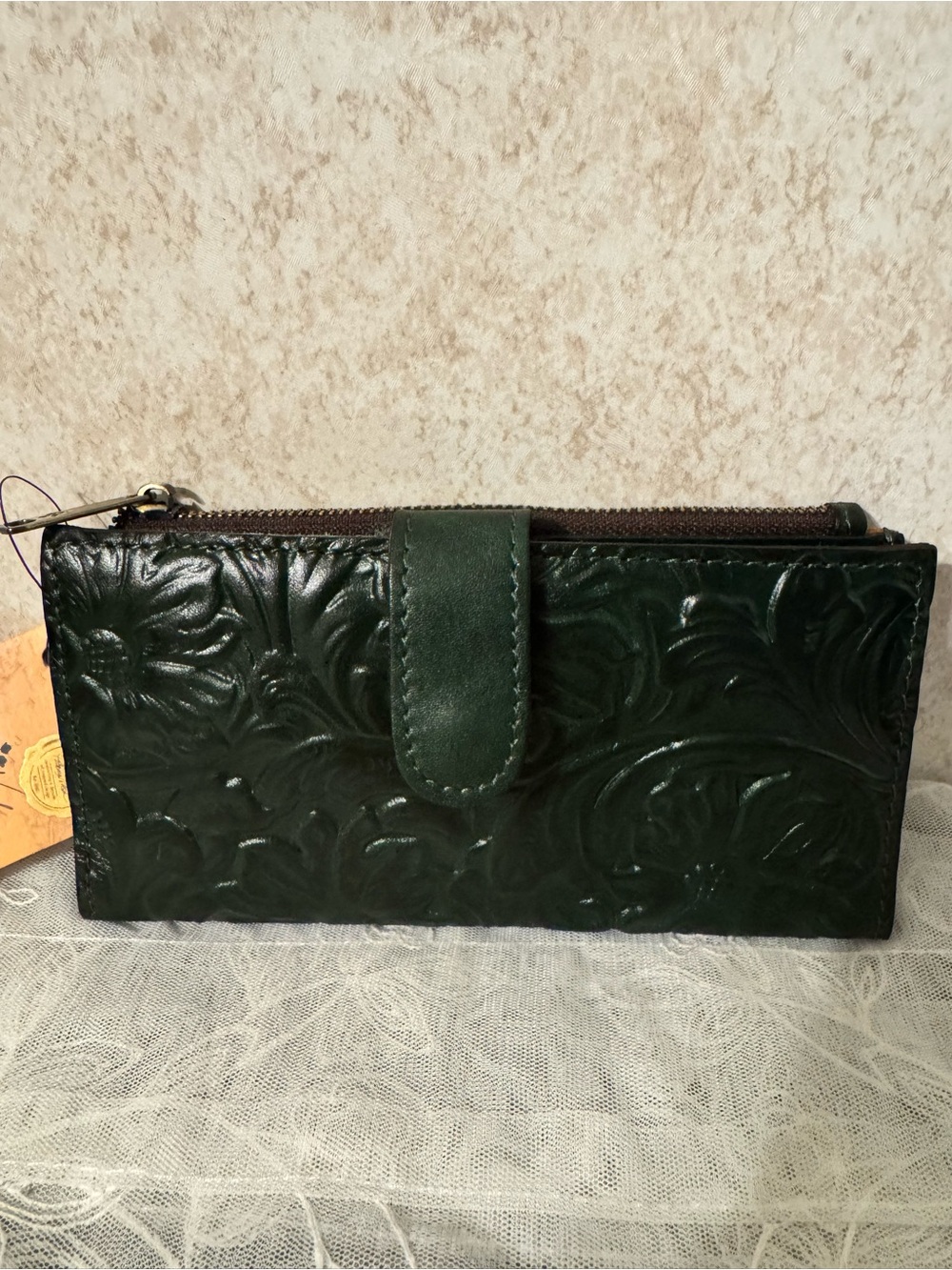 Patricia Nash Embroidered Leather Wallet Clutch in Dark Green